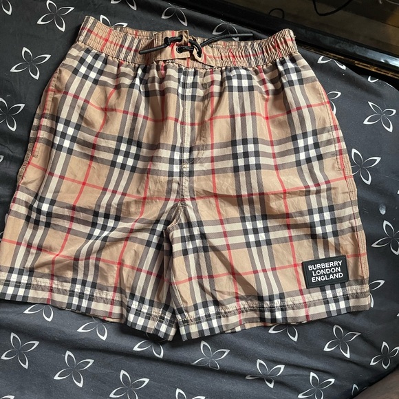 Burberry Other - Burberry Kids Tan Plaid Swim Trunks with Red and Black Accents